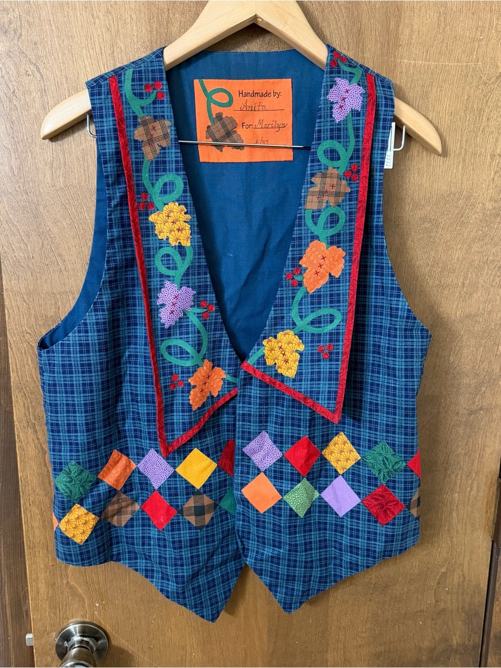 Vintage Women’s Large Handmade Blue Plaid Embroidered Vest with Floral Appliqué